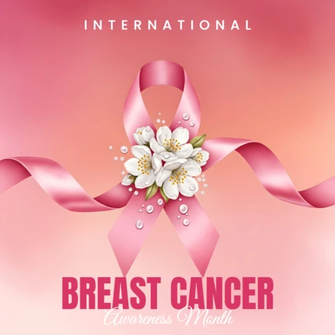 October Breast Cancer Awareness Pink Ribbon & Floral Water Droplet Banner Design Template