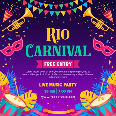 Rio Carnival Poster Purple Gradient Background with Party Hats, Masks, Drums, Trumpets, Confetti & Bunting Flags