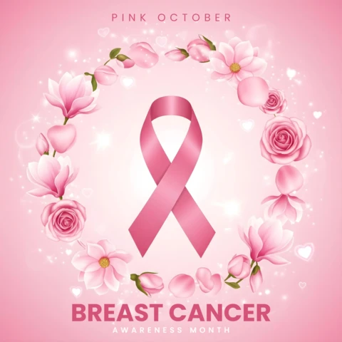 Octobre rose, sensibilisation au cancer du sein, ruban rose avec des magnolias, des roses et des cœurs, modèle de design de bannière.