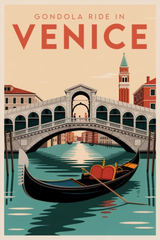 Balade en gondole à Venise sous le pont du Rialto, modèle de design rétro pour affiches de voyage.
