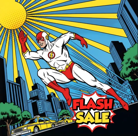 Art de vente flash en style bande dessinée héros de la ville avec costume de foudre et design éclat urbain pour flyers promotionnels