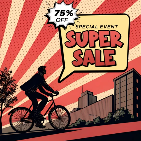 Modelo de venda de pop art para folhetos promocionais com bicicleta e tipografia em negrito