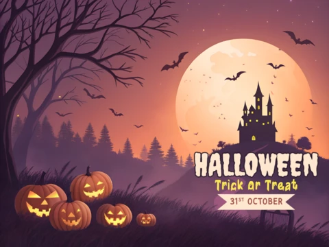 Straszny szablon projektu halloweenowego z dyniami i zamkiem na ulotki