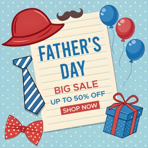 Plantilla de venta del Día del Padre - diseño divertido y colorido con sombreros, corbatas y globos
