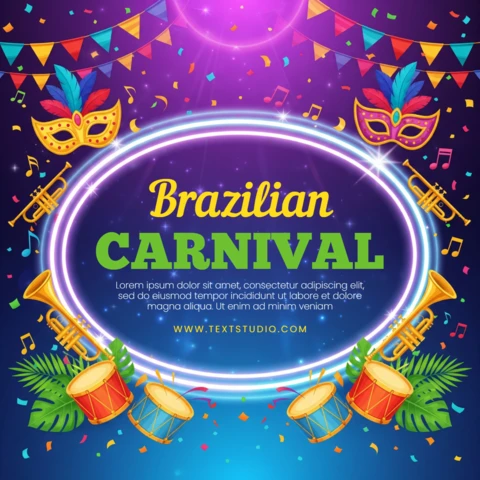 Brazilian Carnival Poster Purple-Blue Gradient Background with Colorful Masks, Feathers, Drums, Trumpets, Confetti & Tropical Leaves
