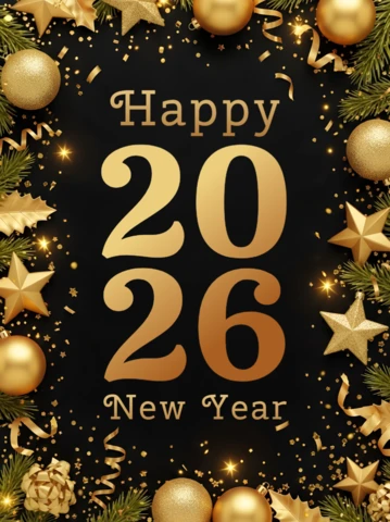 Elegant New Year Celebration Template with Gold Stars and Ornaments Design for Festive Greeting Cards