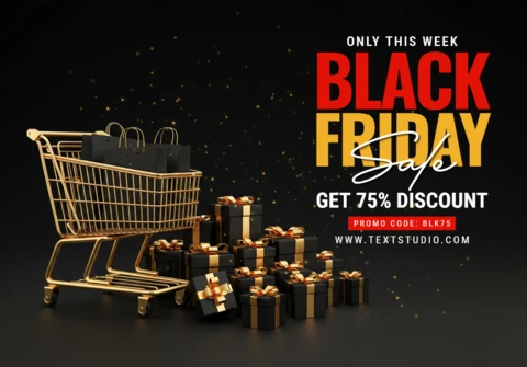 Affiche promotionnelle du Black Friday chariot de shopping doré avec des sacs cadeaux noirs et des boîtes enrubannées sur fond sombre modèle de design de vente pour promotionnel