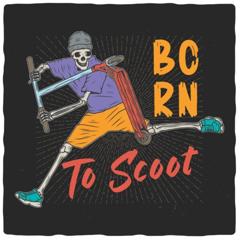Plantilla de diseño de camiseta esqueleto Born to Scoot
