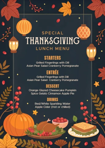 Thanksgiving Menu Design Template with Autumn Elements for Restaurant Use
