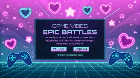 Plantilla de banner de canal de Twitch de juegos linda con corazones de neón y controladores