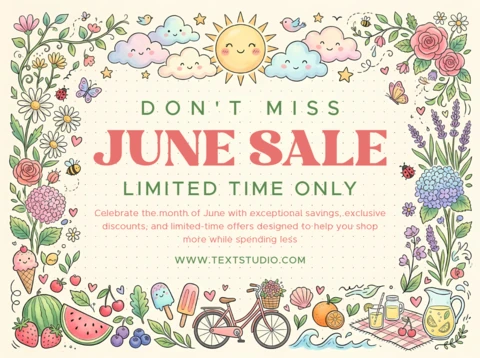June Sale Promotional Banner with Floral Garden and Summer Lifestyle Illustrations