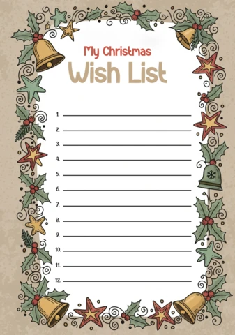 Modello di lista dei desideri di Natale con design festivo, agrifoglio, campane e stelle per bambini e famiglie