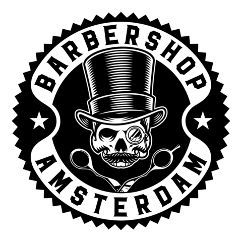 Modelo de design de logotipo de caveira de barbearia de Amsterdã