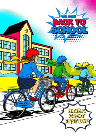 Bem-vindos de volta à escola, crianças andando de bicicleta em direção ao cartaz de design do prédio escolar vermelho e amarelo.