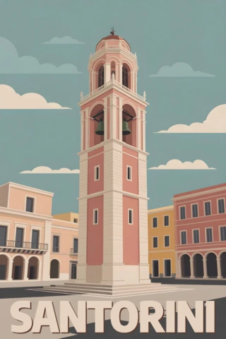 Bell Tower in Town Square with Classical Architecture Santorini Travel Posters Design Template