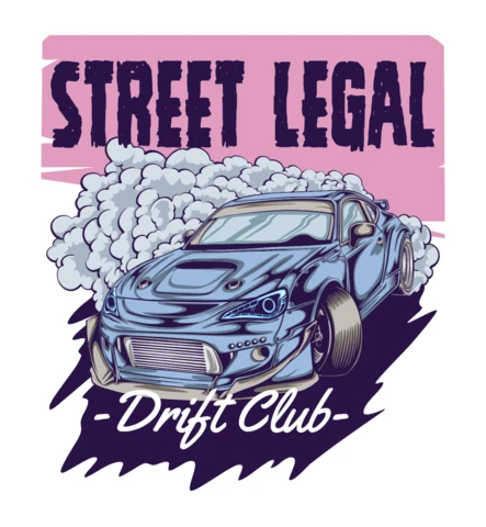 Straatlegale blauwe driftauto graphic met rook & driftclub typografie t-shirt ontwerp sjabloon