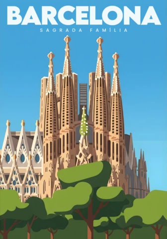サグラダ・ファミリア大聖堂と青い空、緑の木々 バルセロナ旅行ポスター デザインテンプレート