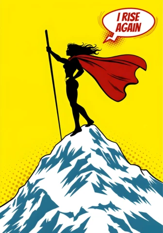 Eu me levanto novamente, silhueta de super-herói no pico de montanha nevada com bastão, modelo de design de pôster.