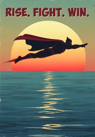 Levanta, lucha, gana, superhéroe volando sobre el océano al atardecer, plantilla de diseño de póster.
