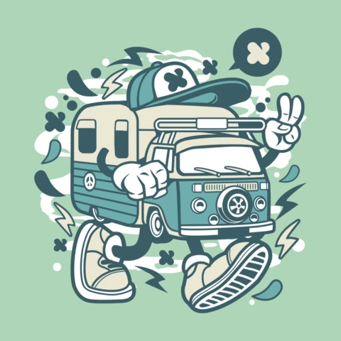 Camper Van Cartoon Character T-Shirt Design Template