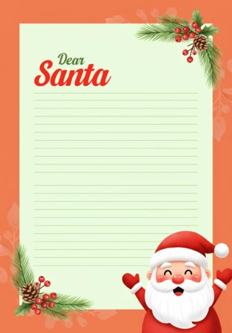 Santa Letter Template Festive Design with Santa Claus, Pinecones, Red Berries, and Holiday Border