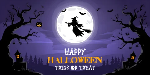 Halloween-Hexe, die nachts fliegt, gespenstische Szene mit Kürbissen und Fledermäusen, Facebook-Cover-Designvorlage