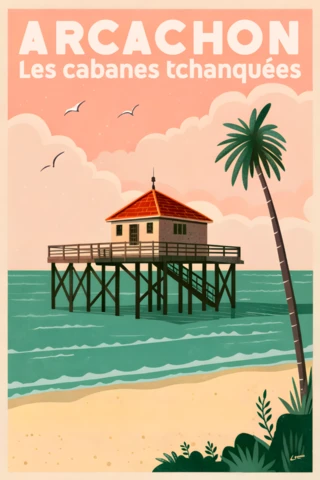 Vintage Fishing Hut in Arcachon Retro Flat Design for Travel Poster