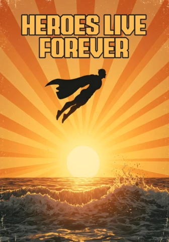 Heroes Live Forever Flying Superhero Silhouette At Sunrise Poster Design Template