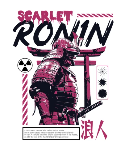 Scarlet Ronin Japanese Samurai with Sword & Torii Gate T-Shirt Design Template