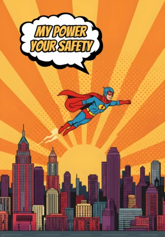 Flying Hero Lightning Symbol Superhero Over Vibrant Cityscape Poster Design Template