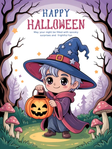 Whimsical Halloween Design Template for Kids' Party Invitations Featuring a Cute Wizard with Pumpkin