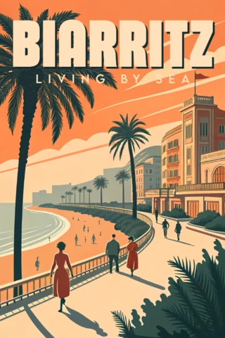 Vintage Biarritz Beach Scene Design Template for Poster Or Print