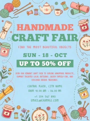 Modèle de flyer pour événement de foire artisanale avec pelotes de laine à tricoter, tambours à broder et fournitures de couture DIY