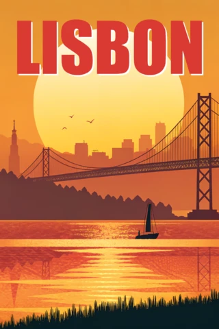 Zonsondergang op de taje in Lissabon - retro flat design voor posters en reis souvenirs sjabloon