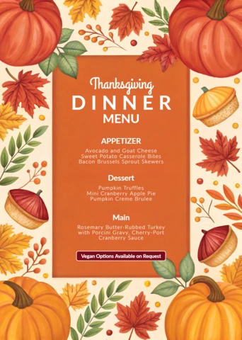 Thanksgiving Menu Design Template with Pumpkins and Autumn Leaves for Festive Dining