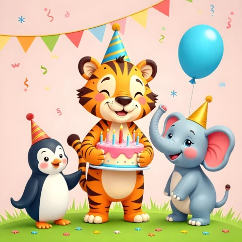 Colorful Birthday Party Design Template with Adorable Cartoon Animals