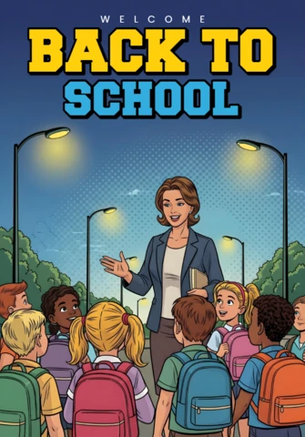 Volta às aulas, professor cumprimentando alunos ao ar livre sob postes de luz e céu pontilhado, modelo de design de cartaz.