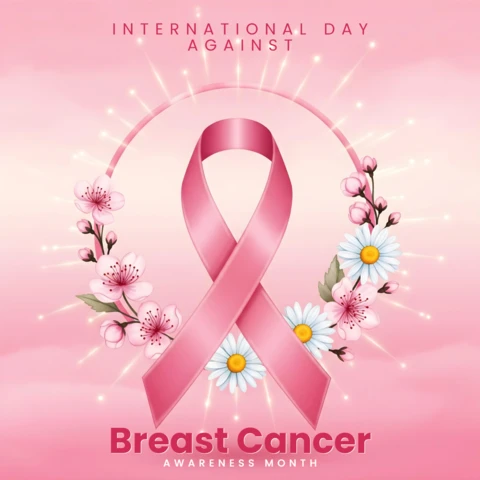October Breast Cancer Awareness Pink Ribbon Surrounded By Flowers & Light Banner Design Template