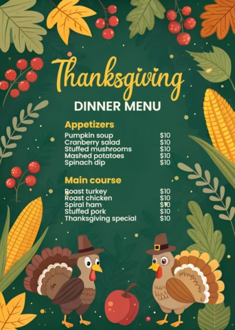 Thanksgiving Dinner Menu Design Template with Turkeys and Autumn Leaves