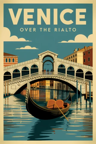 Modèle de design d'affiche vintage de Venise mettant en avant le pont Rialto et une gondole.