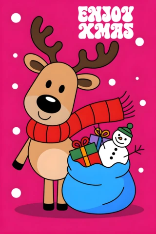 Enjoy Xmas Card Cheerful Reindeer and Snowman with Presents and Snowflakes in Vibrant Holiday Design