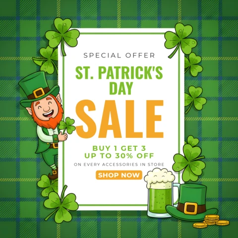 Promotion Poster Design Template with Shamrocks, Leprechaun Character, and St. Patrick’s Day Theme