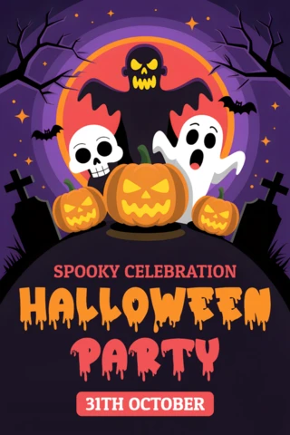 Spooky Halloween Party Design Template with Pumpkins Ghosts and Bats for Flyers