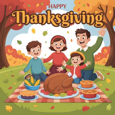 Festive Thanksgiving Card Cartoon Parents & Children Sharing Meal in Colorful Forest Setting Banner Design Template