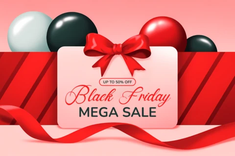 Elegant Black Friday Sale Design Template with Bows and Balloons for Promotional Flyers
