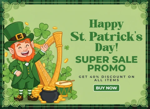 Plantilla de diseño de banner de venta festiva del día de San Patricio con tréboles, monedas de oro y mensaje promocional.