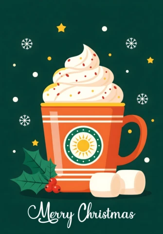 Christmas Card Design Cocoa Mug with Golden Emblem and Festive Decorations On Dark Green Background