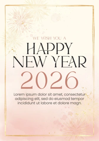 Sulu boya mutlu yeni yıl 2026 kartı, pembe havai fişekler, altın parıltı ve şık tipografi ile.