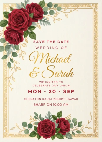 Luxury Red Rose Wedding Invitation Card Template with Elegant Gold Border and Romantic Floral Design Template