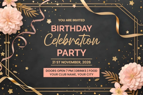 Elegant Floral Birthday Celebration Party Template with Gold Accents